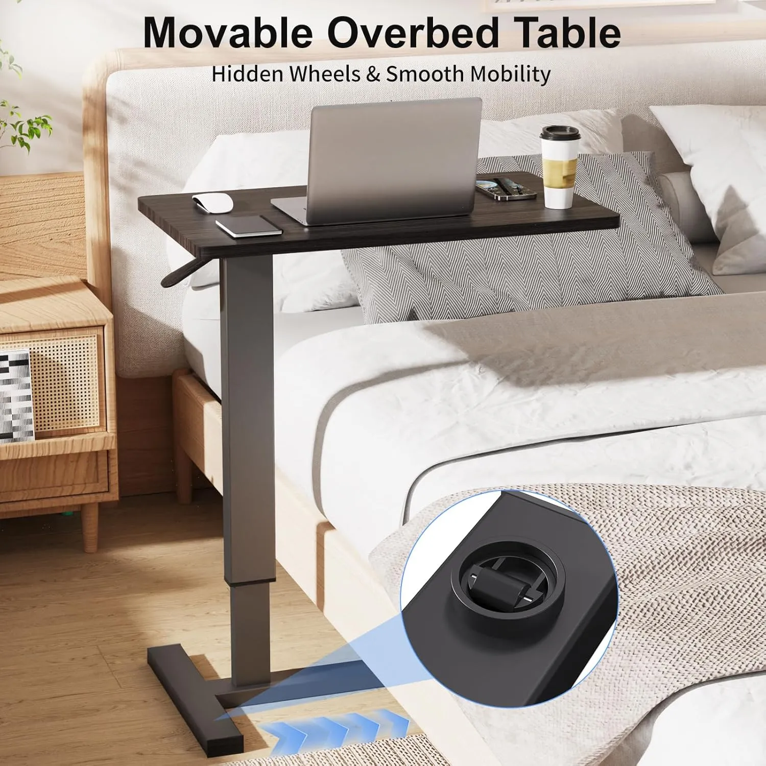 Erinaik Overbed Table with Adjustable Height & Swivel Wheels, Pneumatic Mobile Laptop Desk for Hospital Bed, Home Office, Study - Hidden Wheels, Stable Bedside Table