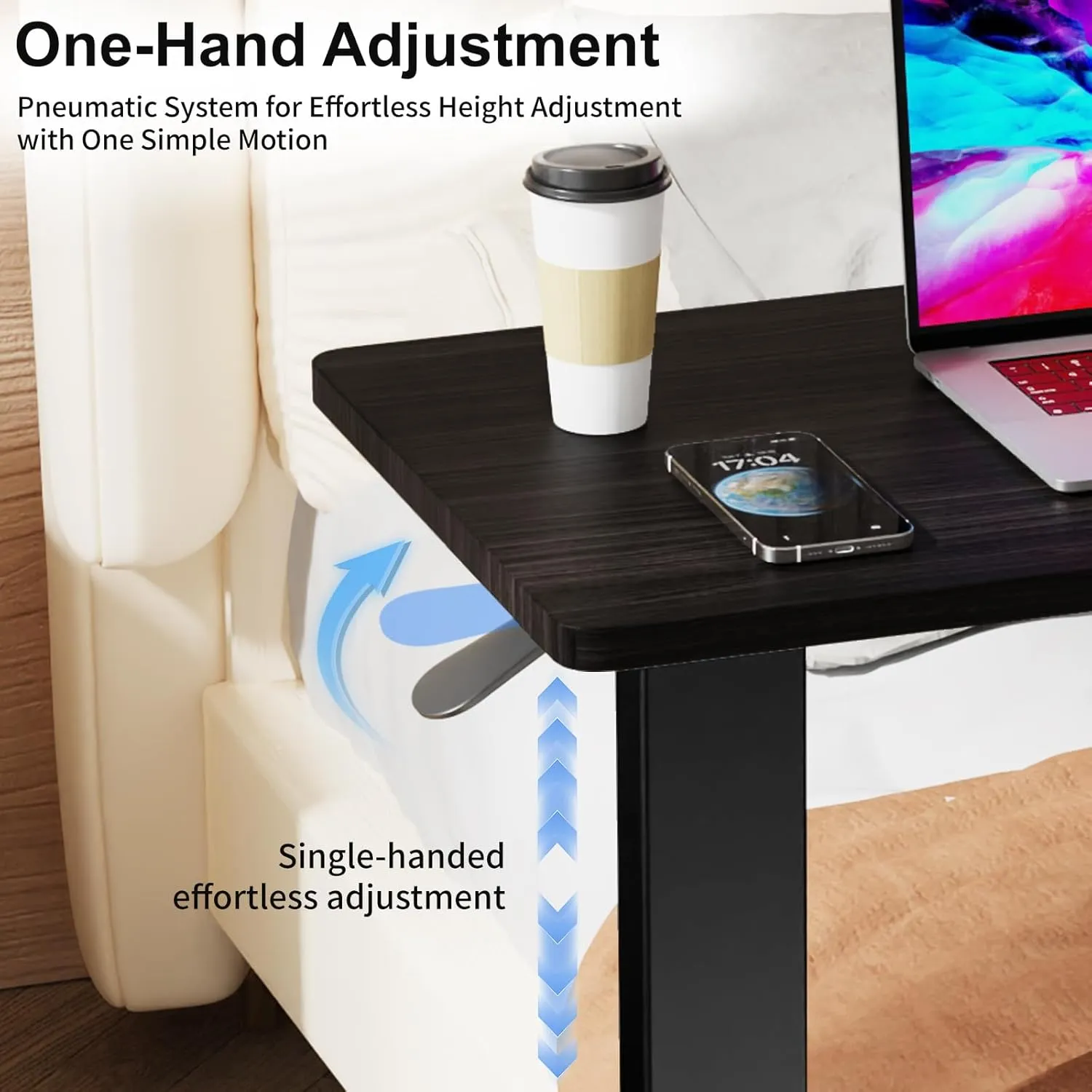 Erinaik Overbed Table with Adjustable Height & Swivel Wheels, Pneumatic Mobile Laptop Desk for Hospital Bed, Home Office, Study - Hidden Wheels, Stable Bedside Table