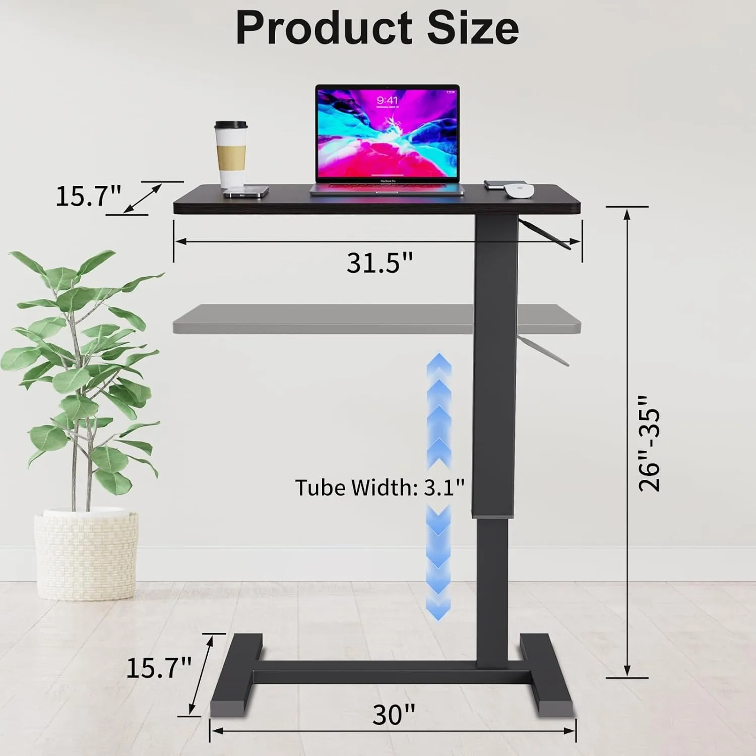 Erinaik Overbed Table with Adjustable Height & Swivel Wheels, Pneumatic Mobile Laptop Desk for Hospital Bed, Home Office, Study - Hidden Wheels, Stable Bedside Table
