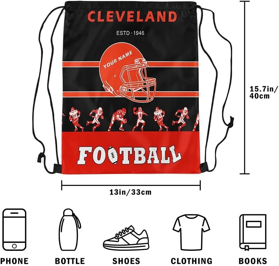 Erosebridal Customized Football 13 x 15.7 Drawstring Backpack for Sport Gym,American Football Drawstring Bag,Black Red Sports Draw String Back Bag,Rugby City Team String Backpack Foldable(Cleveland)