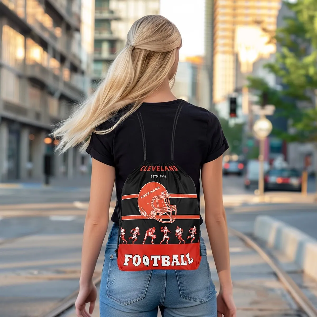 Erosebridal Customized Football 13 x 15.7 Drawstring Backpack for Sport Gym,American Football Drawstring Bag,Black Red Sports Draw String Back Bag,Rugby City Team String Backpack Foldable(Cleveland)