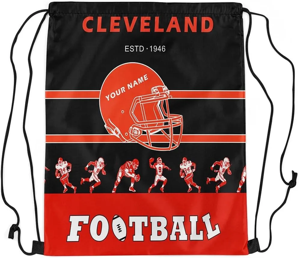 Erosebridal Customized Football 13 x 15.7 Drawstring Backpack for Sport Gym,American Football Drawstring Bag,Black Red Sports Draw String Back Bag,Rugby City Team String Backpack Foldable(Cleveland)