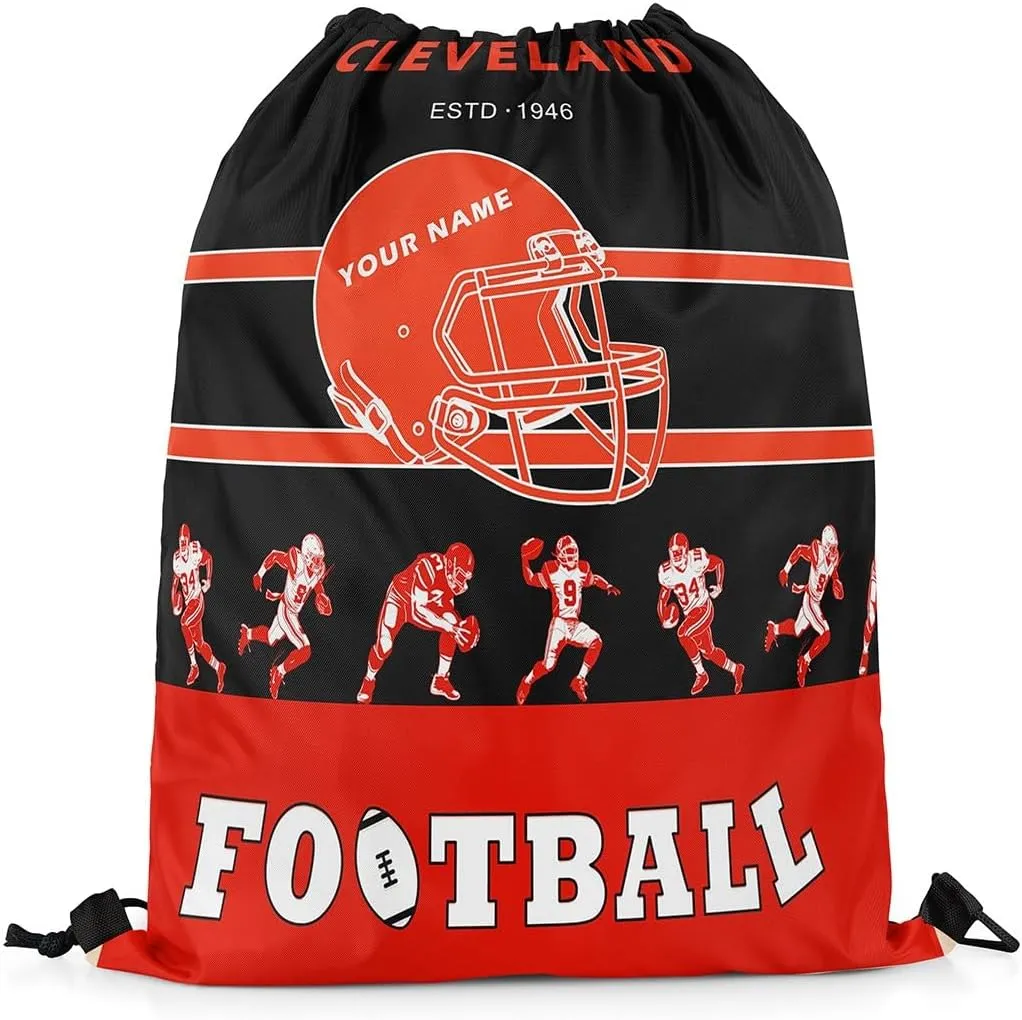 Erosebridal Customized Football 13 x 15.7 Drawstring Backpack for Sport Gym,American Football Drawstring Bag,Black Red Sports Draw String Back Bag,Rugby City Team String Backpack Foldable(Cleveland)