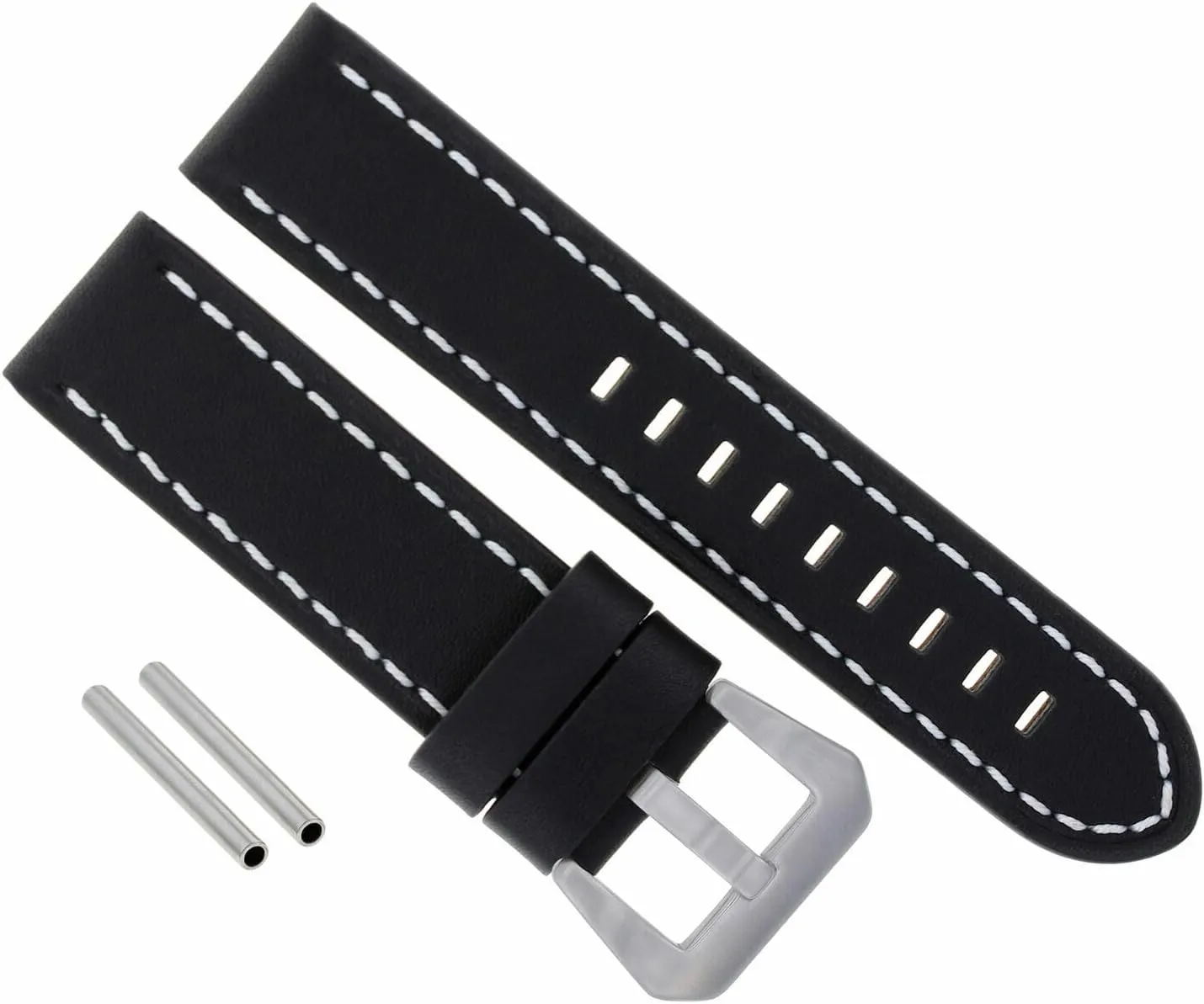 Ewatchparts 22mm Buffalo Leather Watch Strap Compatible With Pam Panerai Luminor Marina Watch Black With White Stitching