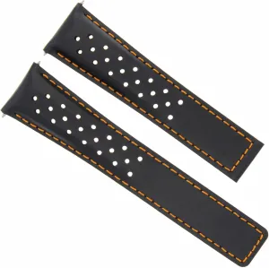 Ewatchparts Leather Watch Band Strap Smooth 19mm Compatible With Tag Heuer Carrera CV2113 Black With Orange Stitching Perforated