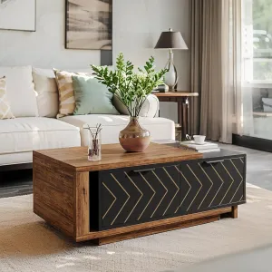 Expandable Home Rectangular Wooden Coffee Table, Living Room Center Coffee Table with Storage Drawers, Open Shelves, Black