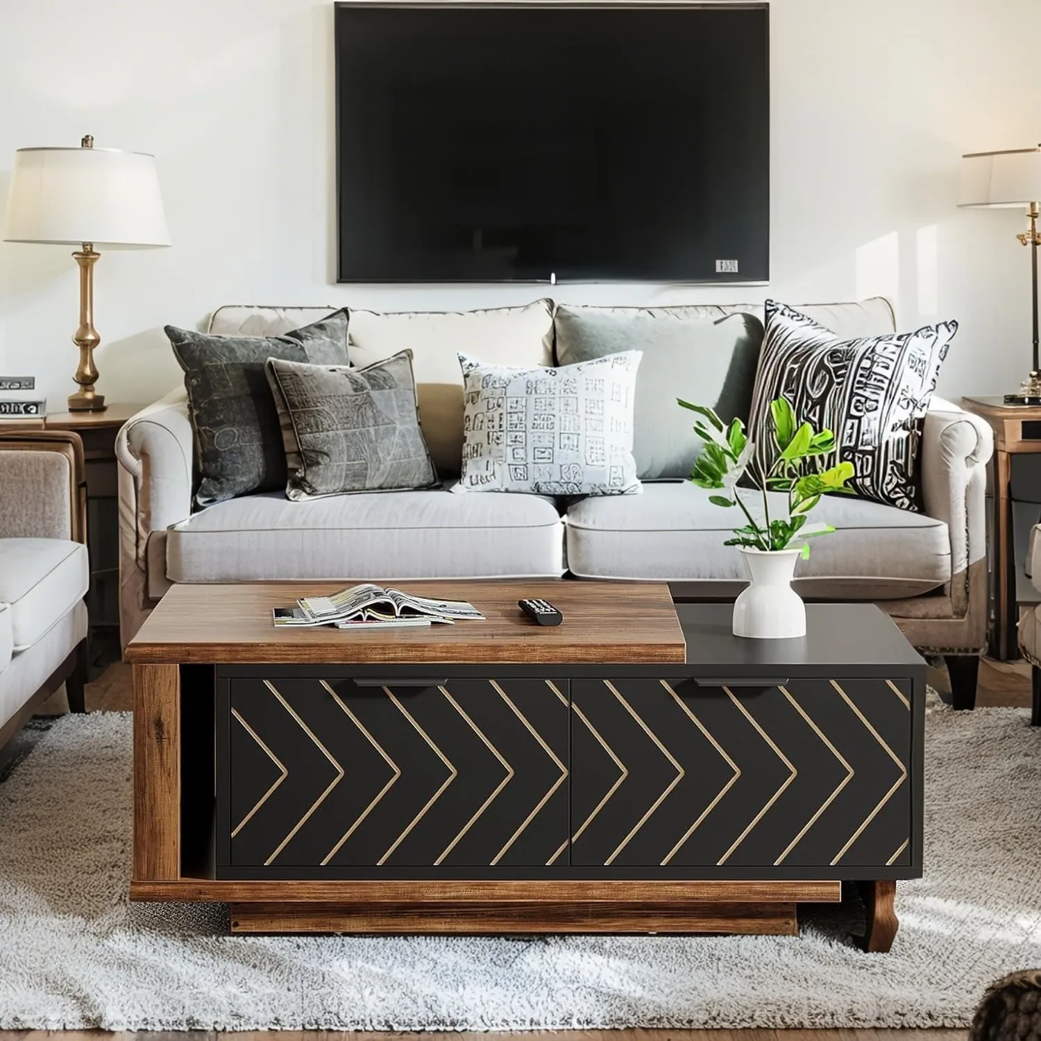 Expandable Home Rectangular Wooden Coffee Table, Living Room Center Coffee Table with Storage Drawers, Open Shelves, Black