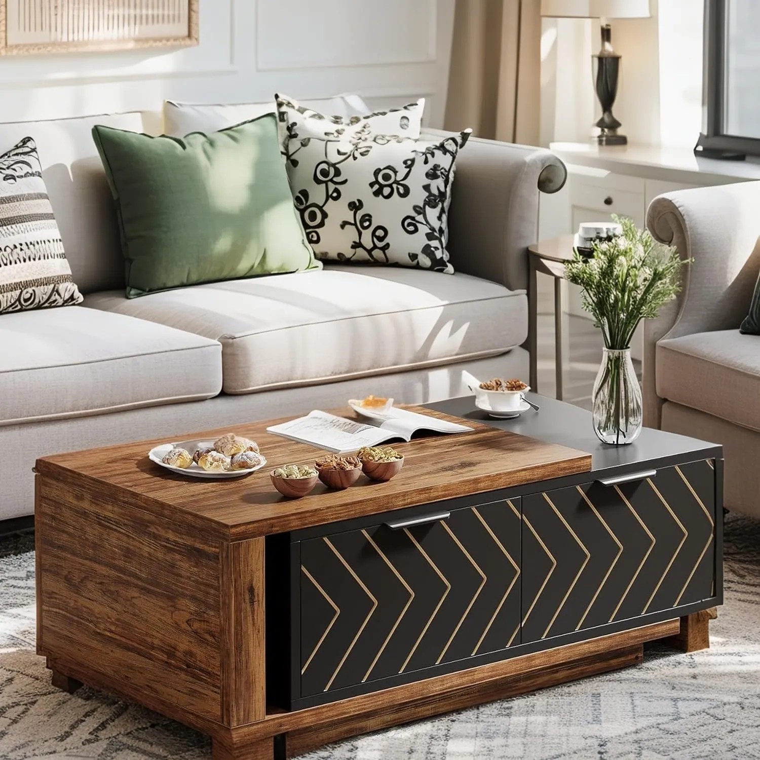 Expandable Home Rectangular Wooden Coffee Table, Living Room Center Coffee Table with Storage Drawers, Open Shelves, Black