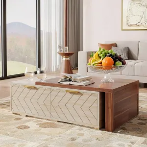 Expandable Home Rectangular Wooden Coffee Table, Living Room Center Coffee Table with Storage Drawers, Open Shelves, Natural