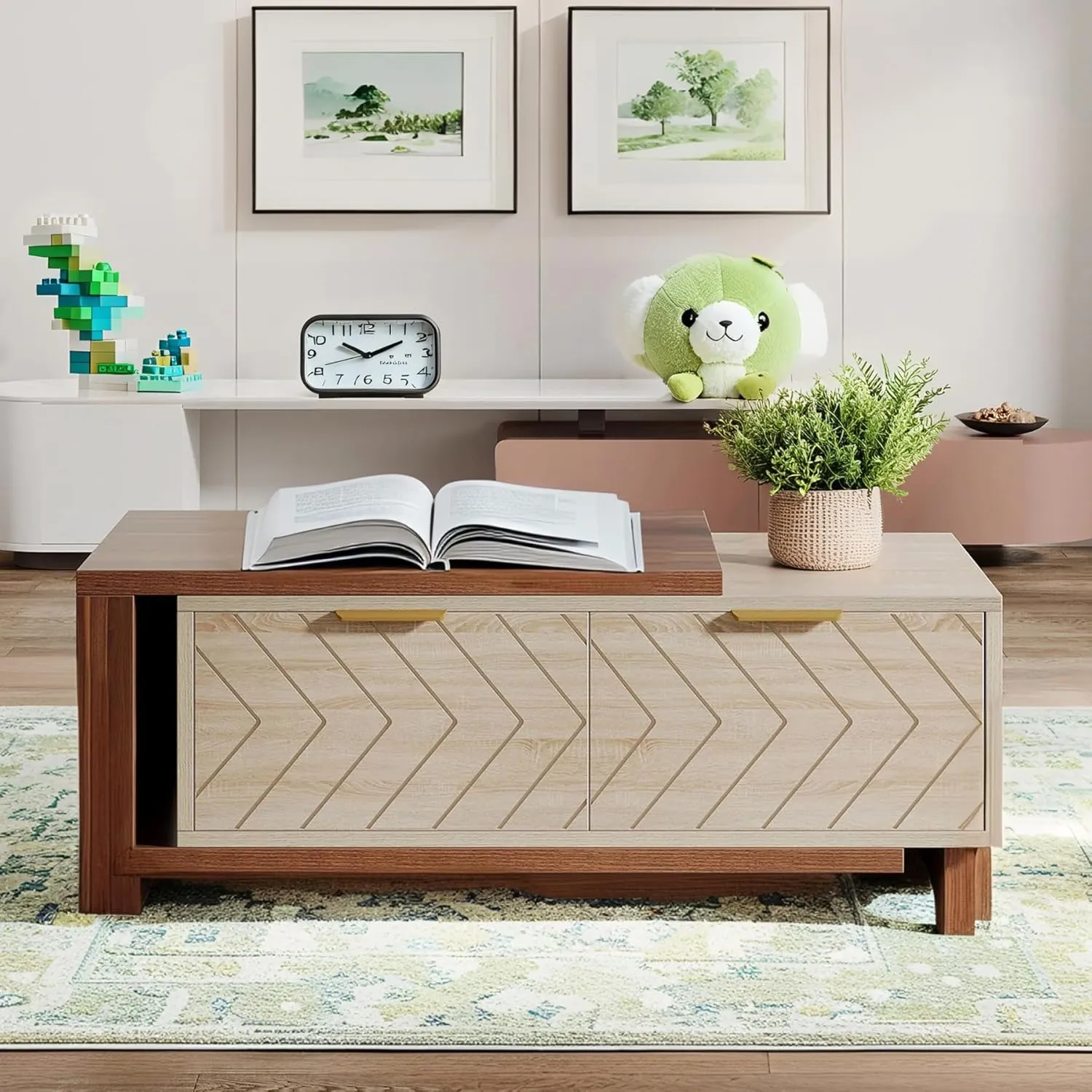 Expandable Home Rectangular Wooden Coffee Table, Living Room Center Coffee Table with Storage Drawers, Open Shelves, Natural