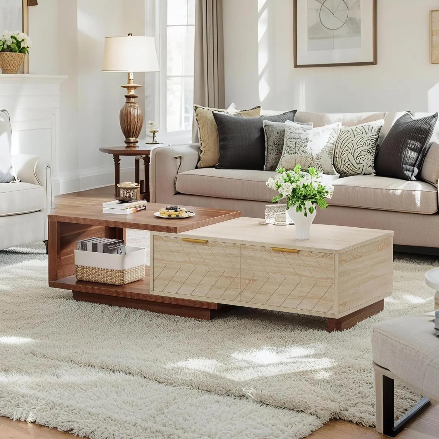 Expandable Home Rectangular Wooden Coffee Table, Living Room Center Coffee Table with Storage Drawers, Open Shelves, Natural