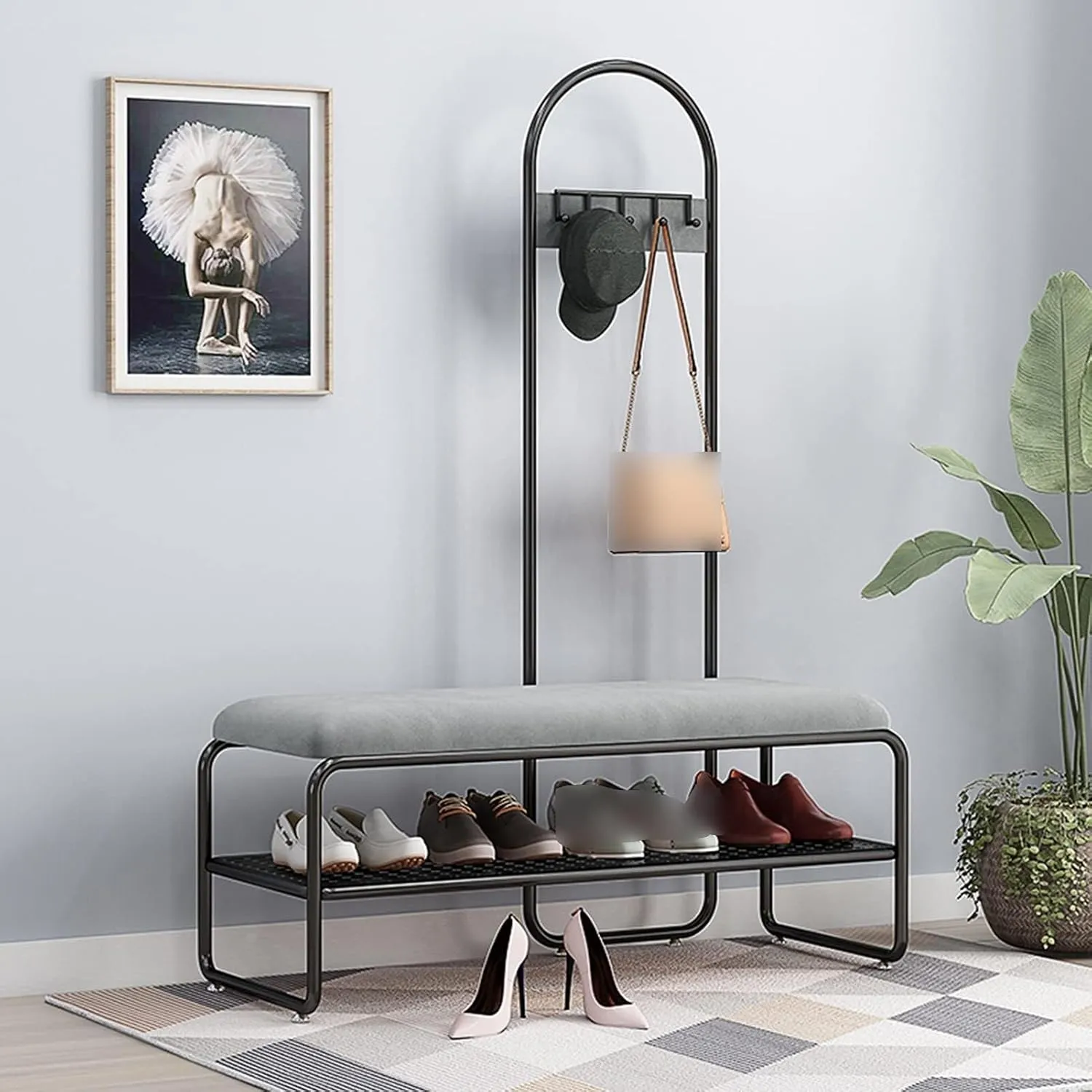 Exquisite Clothes Rail Rack Coat Rack Stand Clothes Rack Stand, Rustproof Metal Hanger With Bench, Ideal For Hall Bedroom Entryway Office for Garment Shoe Hat Handbag Storage, Easy Assembly(Grey,80X32