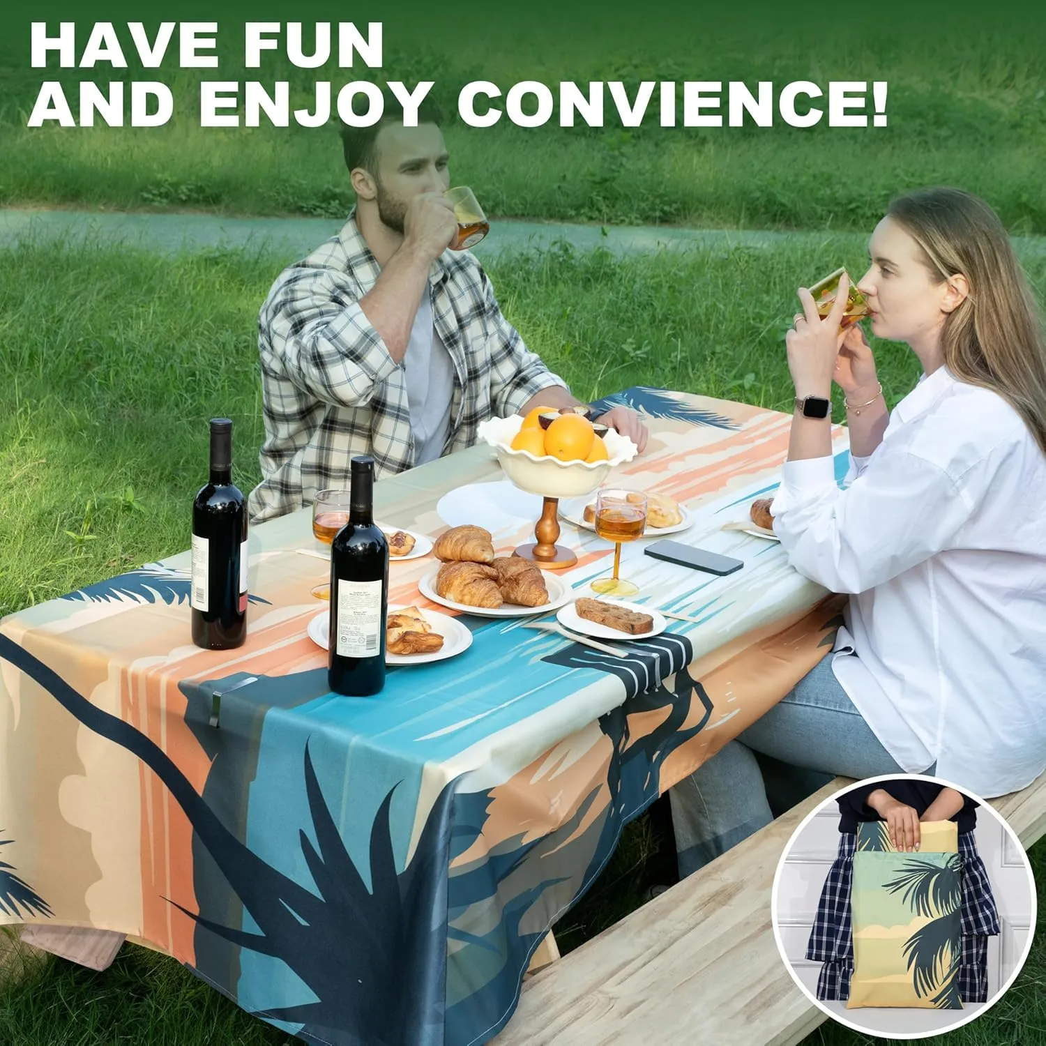 Extra Thick Camping Tablecloth with Clips & Storage Bag, Picnic Tablecloth, Fits 4ft to 8ft Picnic Tables, Polyester, Washable, Spill & Stain Resistant, Water Repellent - Tropical Beach