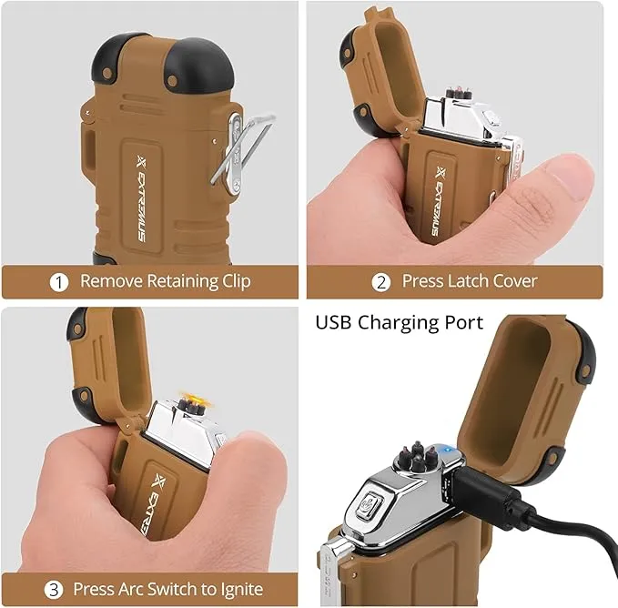 Extremus Blaze 360 Rechargeable Electric Lighters, Dual Arc Lighter, Windproof Plasma Lighter, Waterproof Flashlight Lighter, Flameless Lighter with Whistle Lanyard for Camping (Brown)