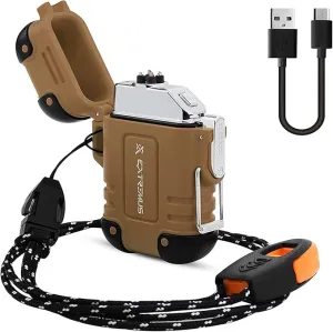 Extremus Blaze 360 Rechargeable Electric Lighters, Dual Arc Lighter, Windproof Plasma Lighter, Waterproof Flashlight Lighter, Flameless Lighter with Whistle Lanyard for Camping (Brown)