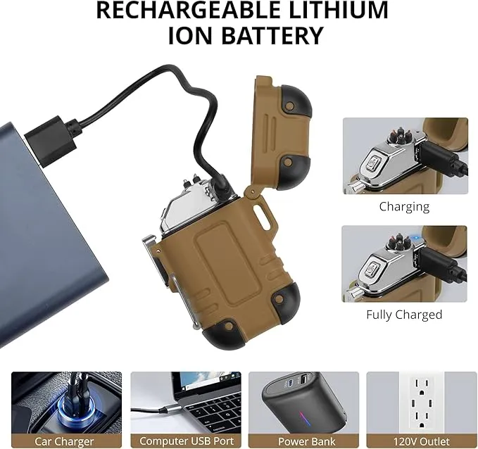 Extremus Blaze 360 Rechargeable Electric Lighters, Dual Arc Lighter, Windproof Plasma Lighter, Waterproof Flashlight Lighter, Flameless Lighter with Whistle Lanyard for Camping (Brown)