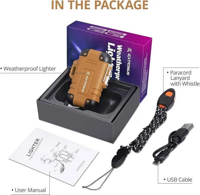 Extremus Blaze 360 Rechargeable Electric Lighters, Dual Arc Lighter, Windproof Plasma Lighter, Waterproof Flashlight Lighter, Flameless Lighter with Whistle Lanyard for Camping (Brown)