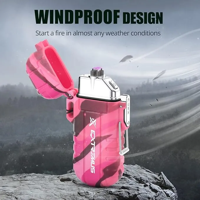 Extremus Blaze 360 Rechargeable Electric Lighters, Dual Arc Lighter, Windproof Plasma Lighter, Waterproof Lighter, Flameless Lighter with Whistle Lanyard for Camping (Pink Camouflage)