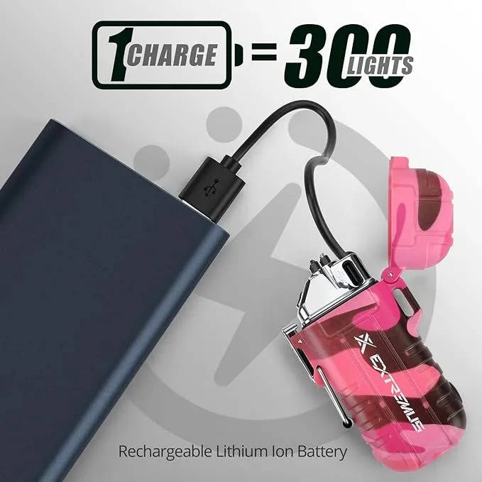 Extremus Blaze 360 Rechargeable Electric Lighters, Dual Arc Lighter, Windproof Plasma Lighter, Waterproof Lighter, Flameless Lighter with Whistle Lanyard for Camping (Pink Camouflage)