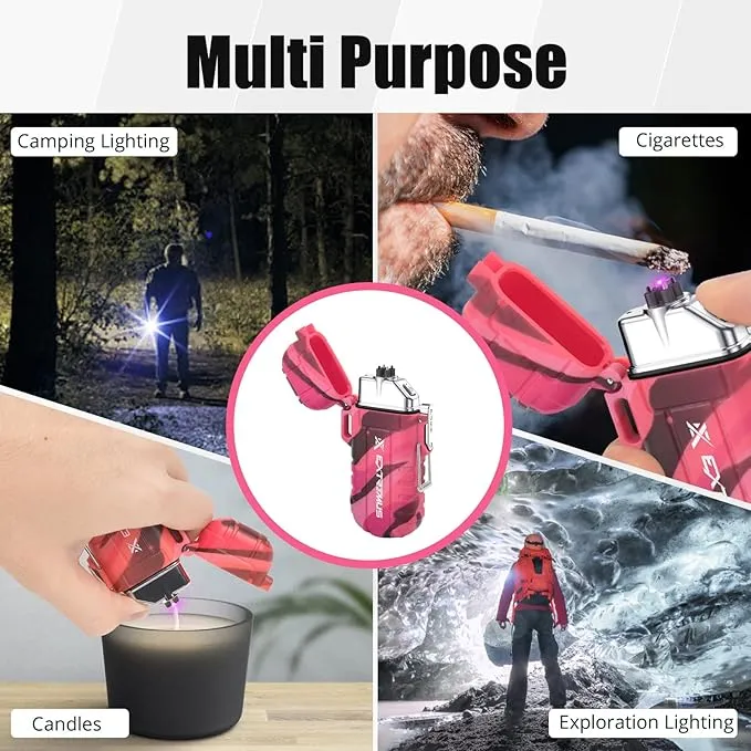 Extremus Blaze 360 Rechargeable Electric Lighters, Dual Arc Lighter, Windproof Plasma Lighter, Waterproof Lighter, Flameless Lighter with Whistle Lanyard for Camping (Pink Camouflage)