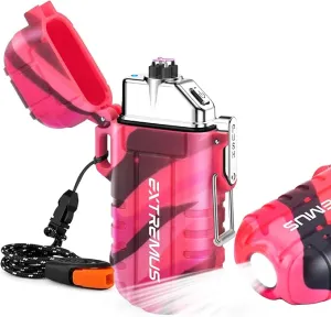 Extremus Blaze 360 Rechargeable Electric Lighters, Dual Arc Lighter, Windproof Plasma Lighter, Waterproof Lighter, Flameless Lighter with Whistle Lanyard for Camping (Pink Camouflage)