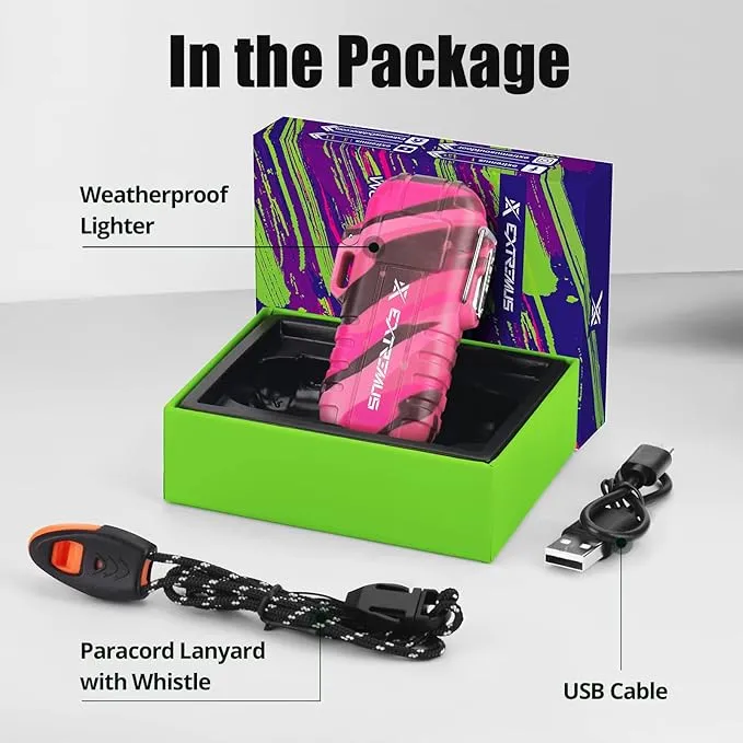 Extremus Blaze 360 Rechargeable Electric Lighters, Dual Arc Lighter, Windproof Plasma Lighter, Waterproof Lighter, Flameless Lighter with Whistle Lanyard for Camping (Pink Camouflage)