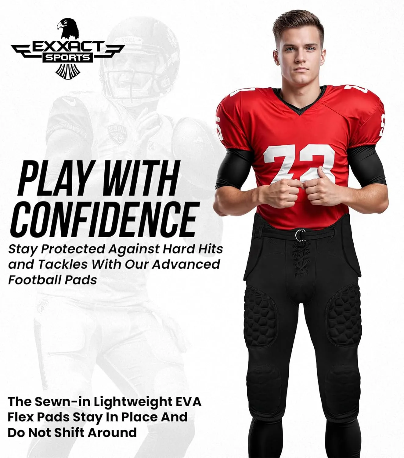 Exxact Sports Rebel Mens Integrated Football Pants with Built-in Pads, Lightweight Football Practice Pants with Lace-up Fly