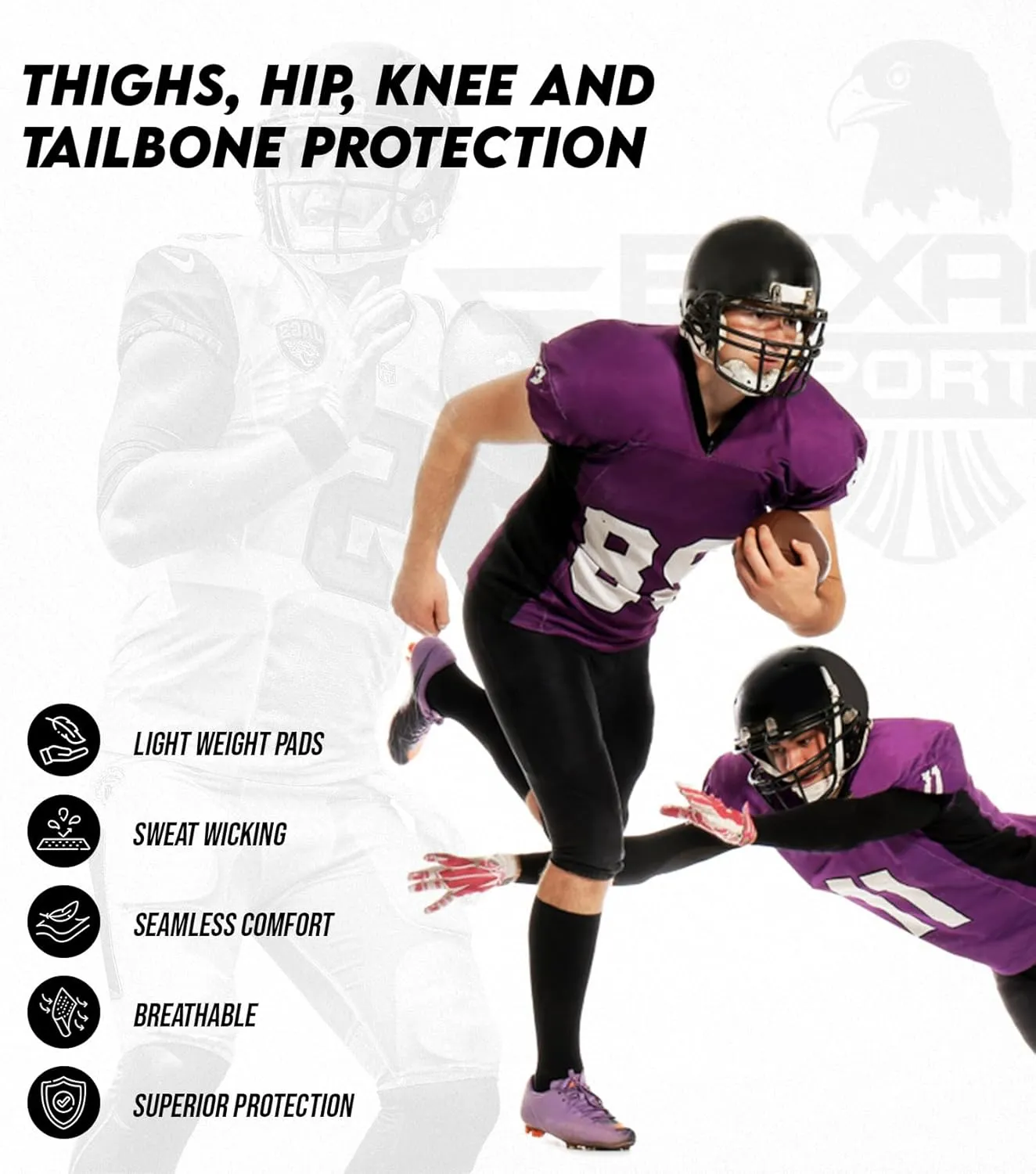 Exxact Sports Rebel Mens Integrated Football Pants with Built-in Pads, Lightweight Football Practice Pants with Lace-up Fly