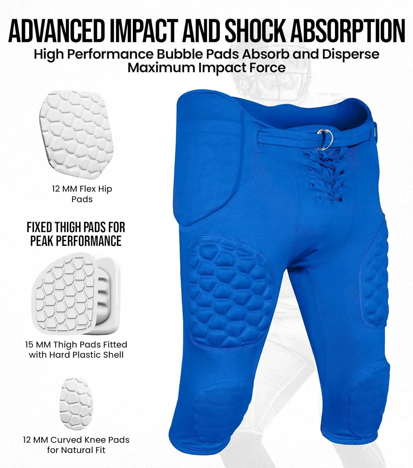 Exxact Sports Rebel Mens Integrated Football Pants with Built-in Pads, Lightweight Football Practice Pants with Lace-up Fly