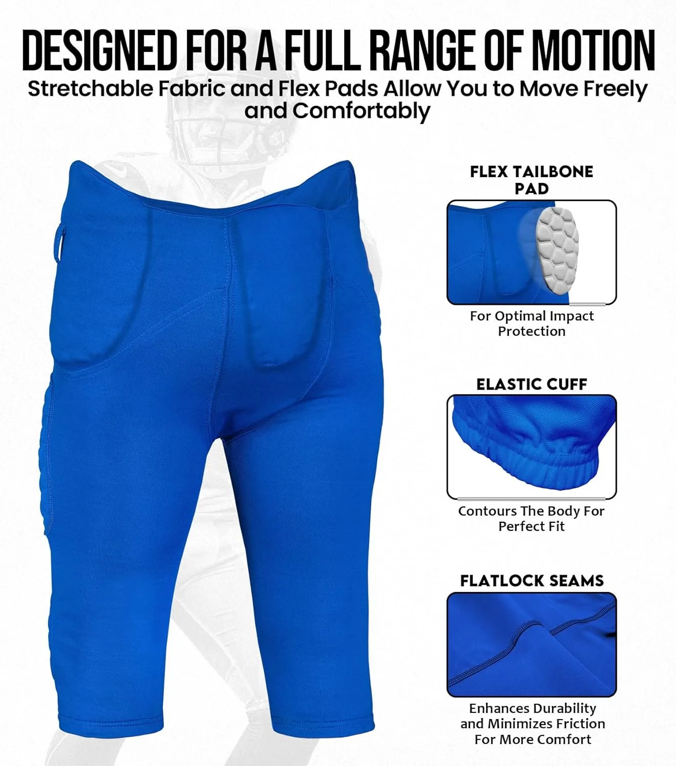 Exxact Sports Rebel Mens Integrated Football Pants with Built-in Pads, Lightweight Football Practice Pants with Lace-up Fly