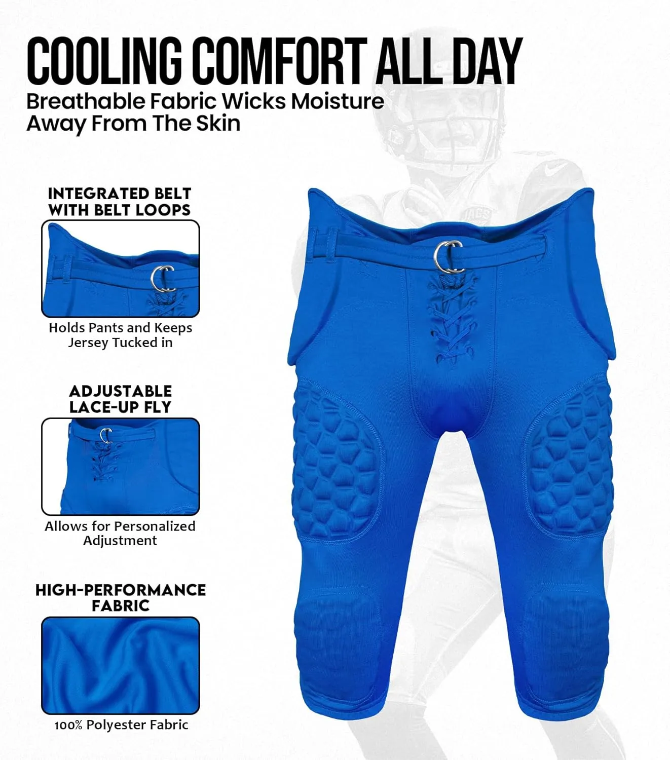 Exxact Sports Rebel Mens Integrated Football Pants with Built-in Pads, Lightweight Football Practice Pants with Lace-up Fly