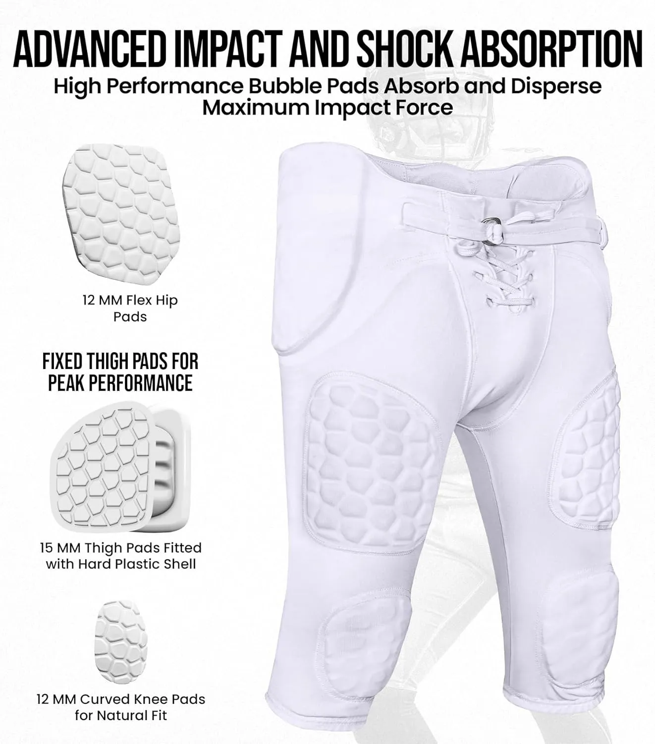 Exxact Sports Rebel Mens Integrated Football Pants with Built-in Pads, Lightweight Football Practice Pants with Lace-up Fly