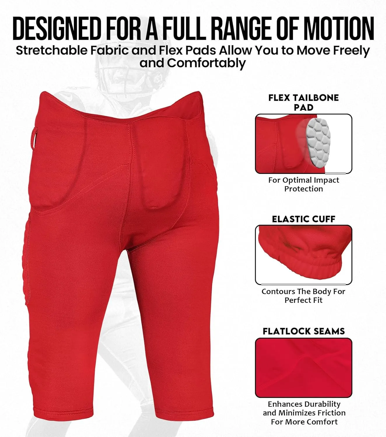 Exxact Sports Rebel Mens Integrated Football Pants with Built-in Pads, Lightweight Football Practice Pants with Lace-up Fly