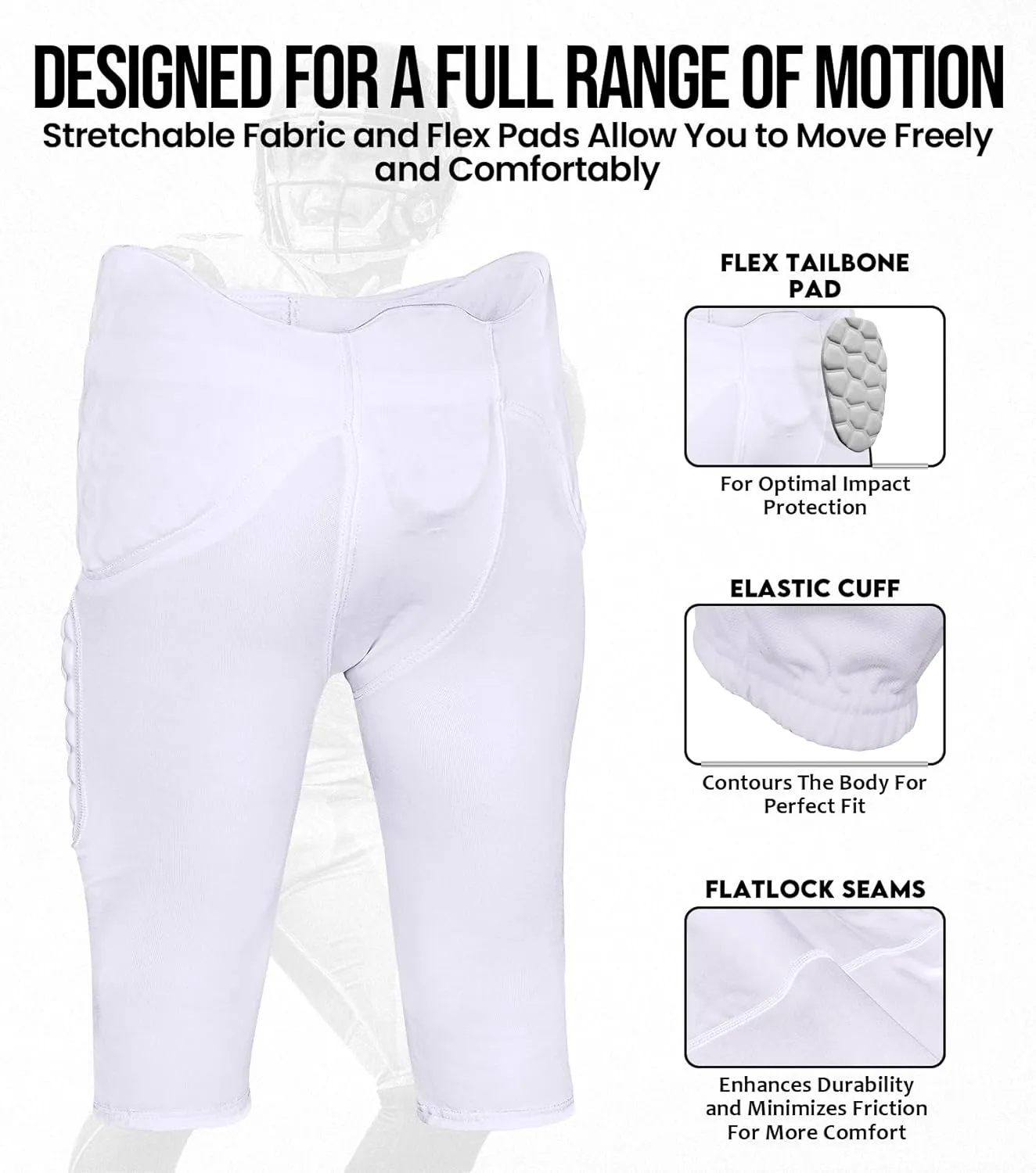 Exxact Sports Rebel Mens Integrated Football Pants with Built-in Pads, Lightweight Football Practice Pants with Lace-up Fly