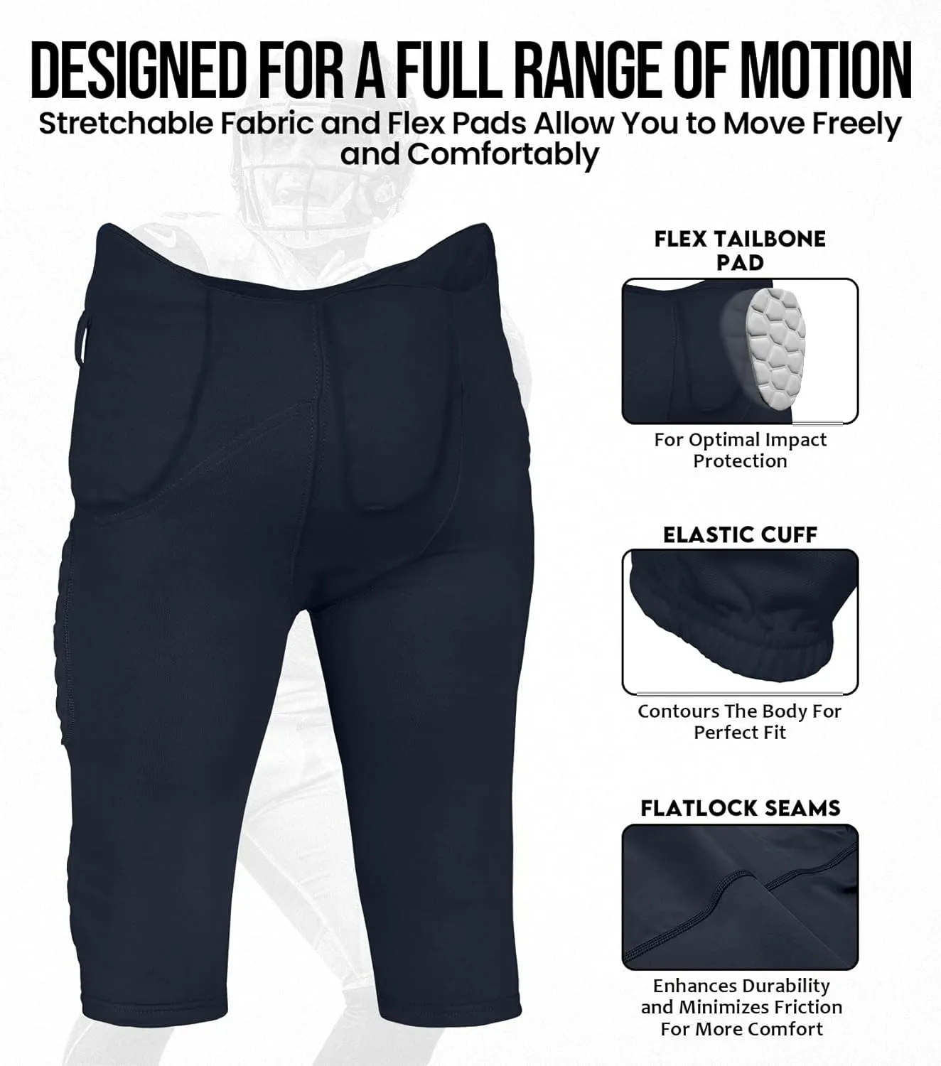 Exxact Sports Rebel Mens Integrated Football Pants with Built-in Pads, Lightweight Football Practice Pants with Lace-up Fly