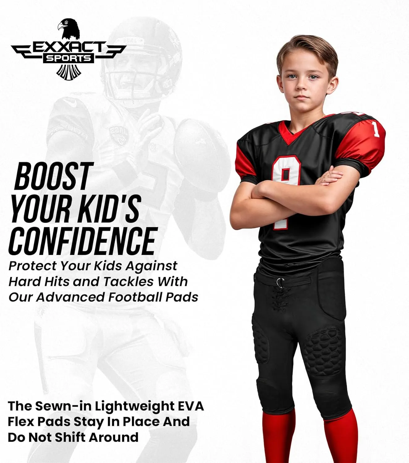 Exxact Sports Rebel Youth Football Pants with Built in Pads, Lightweight Integrated Football Practice Pants with Lace-up Fly