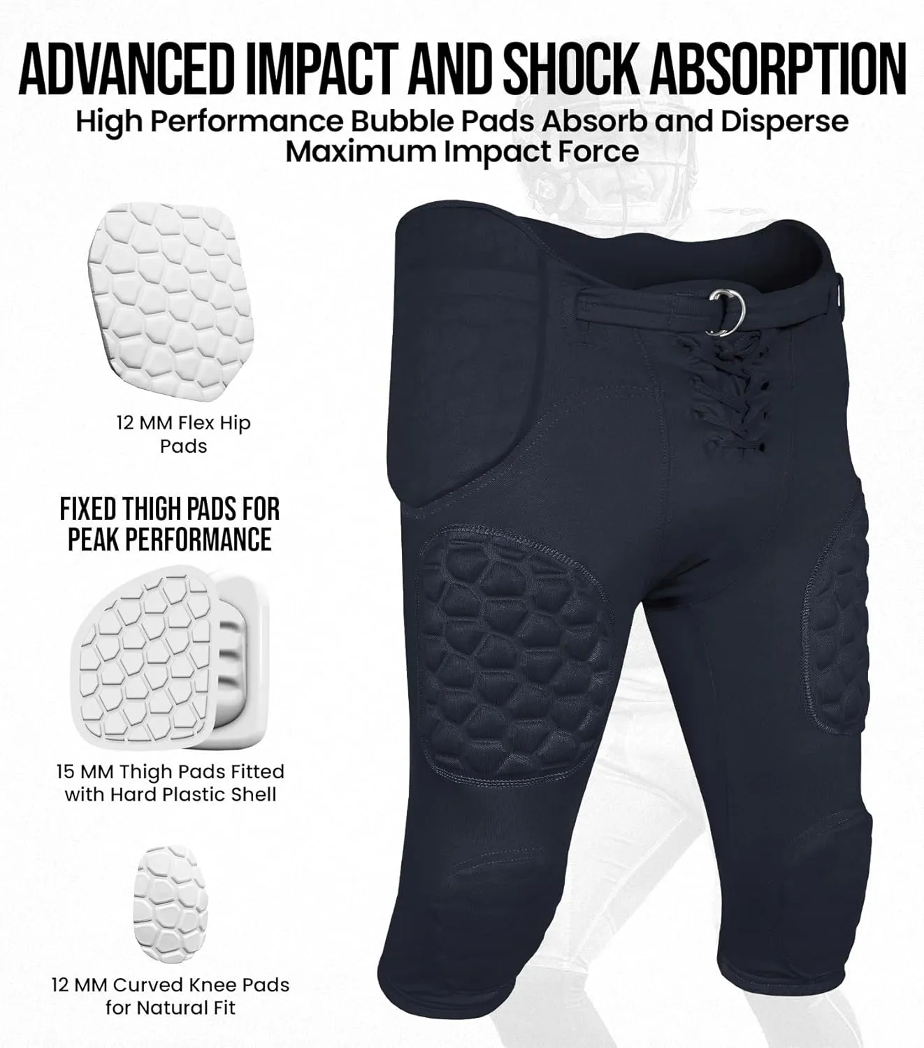 Exxact Sports Rebel Youth Football Pants with Built in Pads, Lightweight Integrated Football Practice Pants with Lace-up Fly