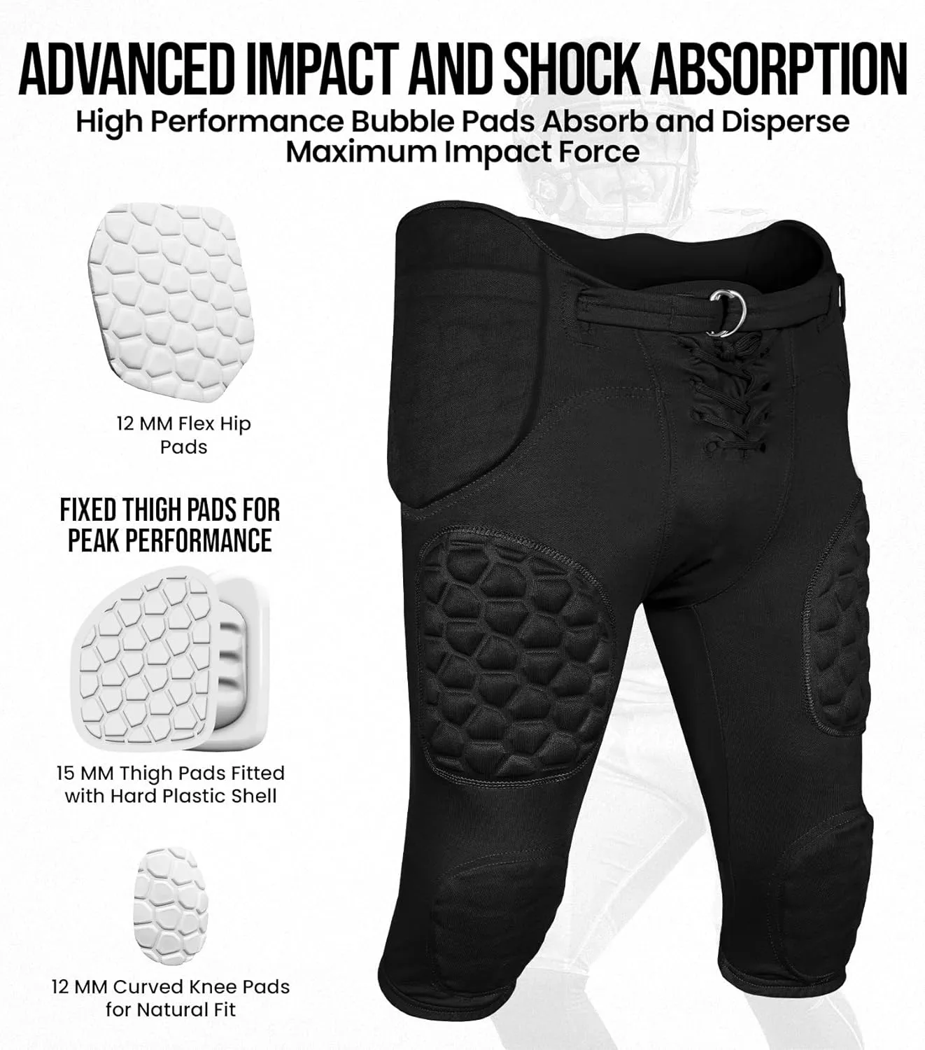 Exxact Sports Rebel Youth Football Pants with Built in Pads, Lightweight Integrated Football Practice Pants with Lace-up Fly