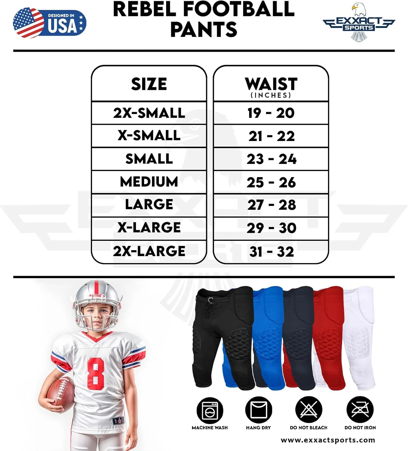 Exxact Sports Rebel Youth Football Pants with Built in Pads, Lightweight Integrated Football Practice Pants with Lace-up Fly
