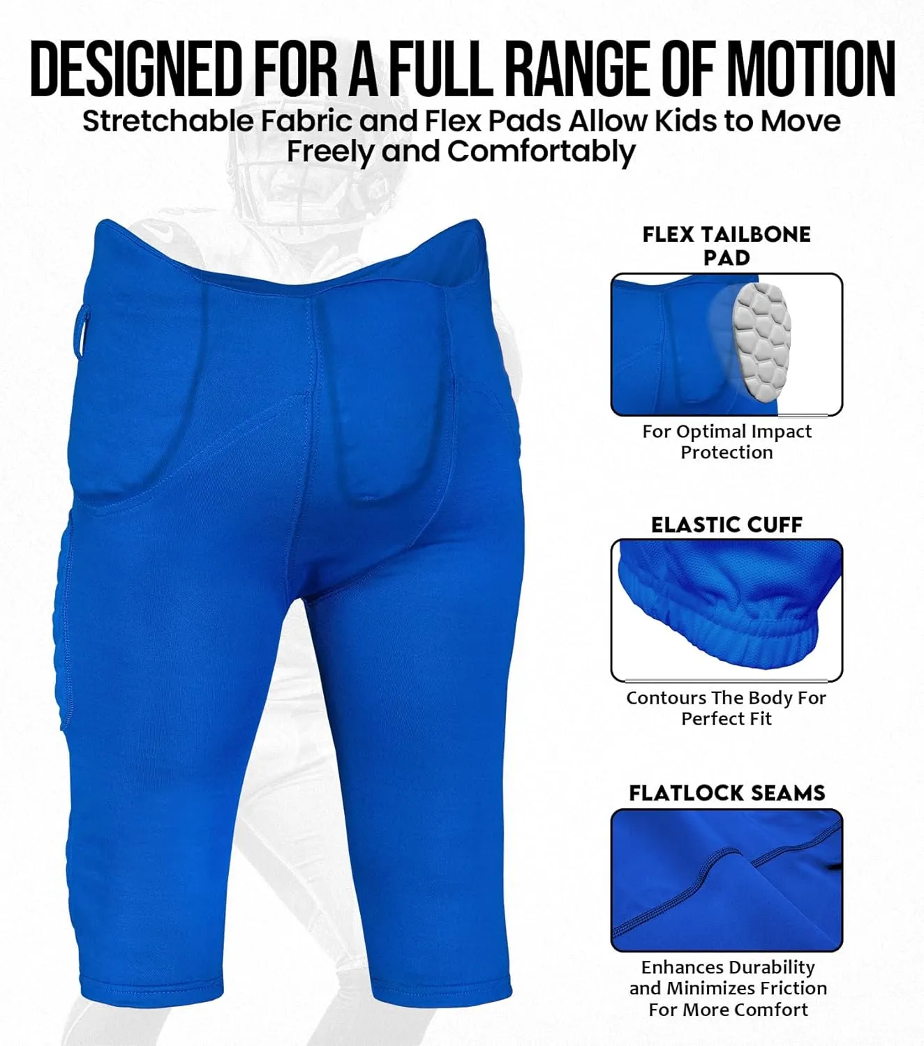 Exxact Sports Rebel Youth Football Pants with Built in Pads, Lightweight Integrated Football Practice Pants with Lace-up Fly