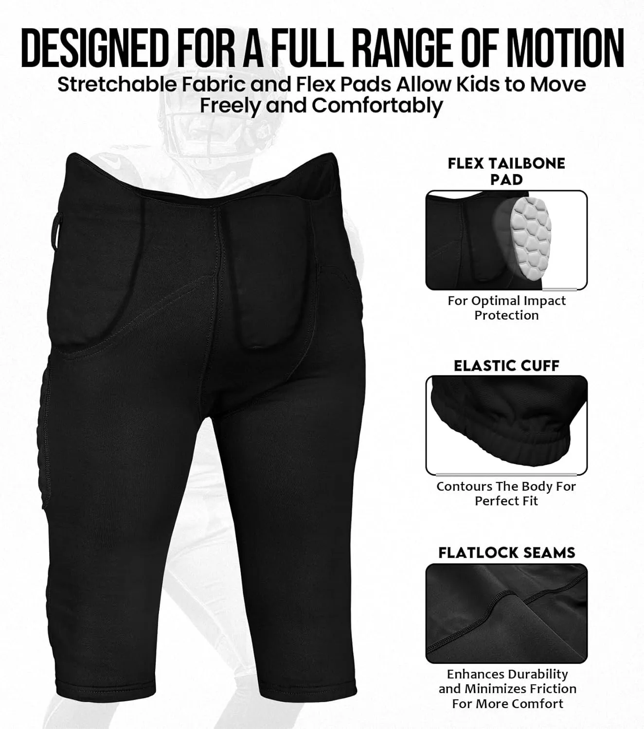 Exxact Sports Rebel Youth Football Pants with Built in Pads, Lightweight Integrated Football Practice Pants with Lace-up Fly
