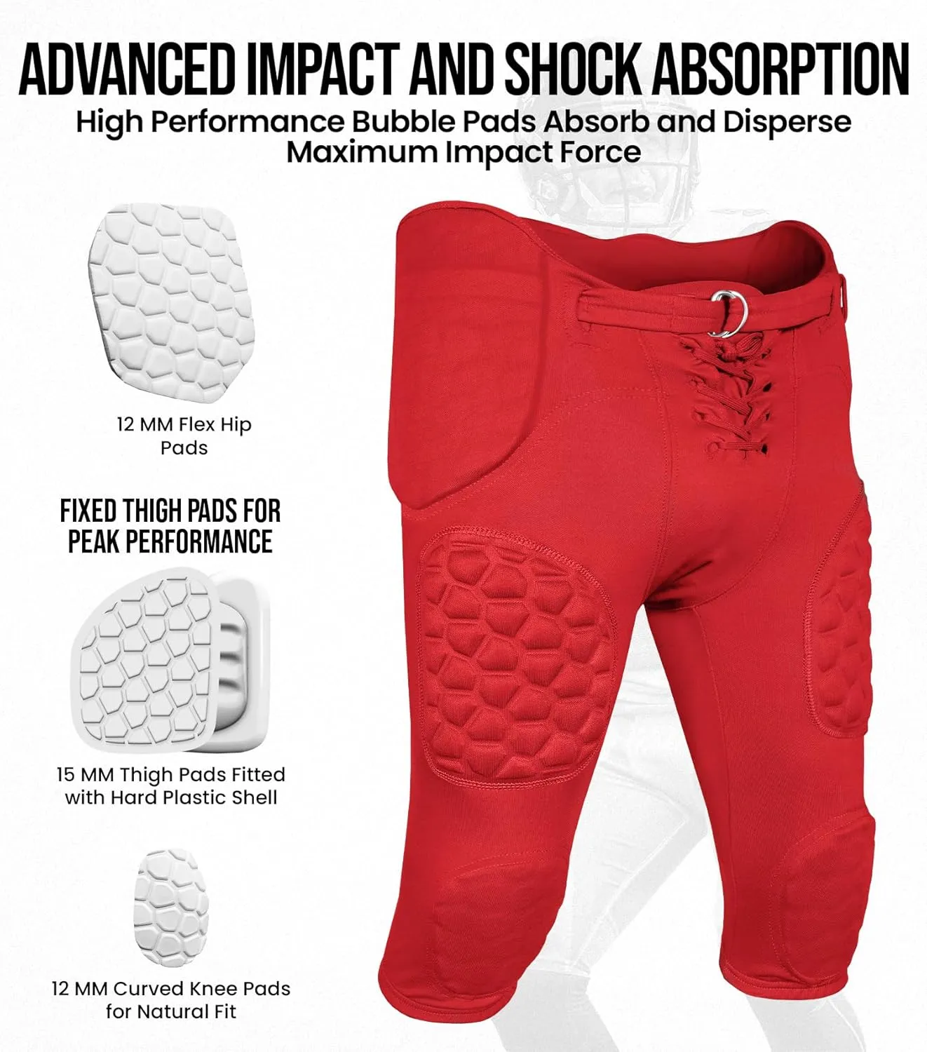 Exxact Sports Rebel Youth Football Pants with Built in Pads, Lightweight Integrated Football Practice Pants with Lace-up Fly