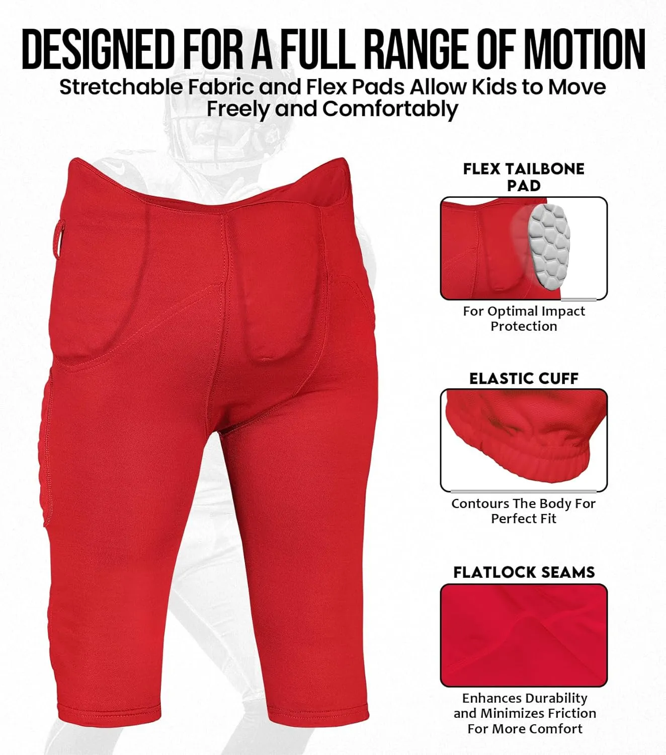 Exxact Sports Rebel Youth Football Pants with Built in Pads, Lightweight Integrated Football Practice Pants with Lace-up Fly