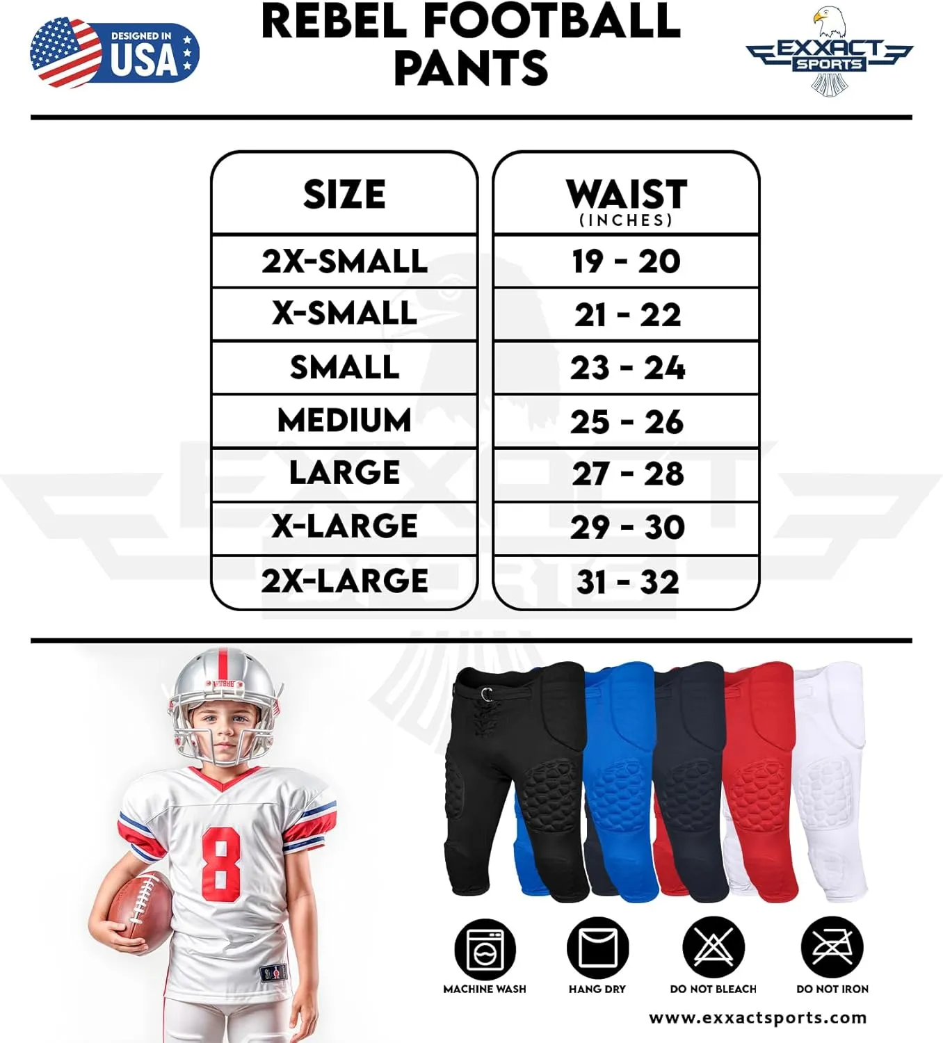 Exxact Sports Rebel Youth Football Pants with Built in Pads, Lightweight Integrated Football Practice Pants with Lace-up Fly