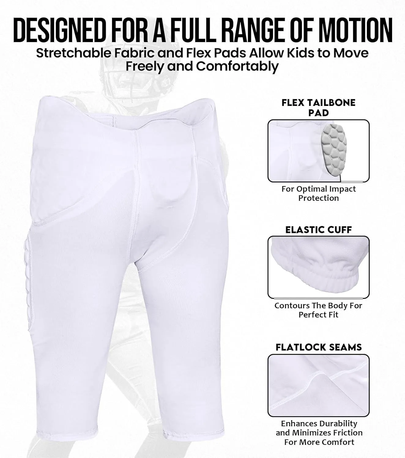Exxact Sports Rebel Youth Football Pants with Built in Pads, Lightweight Integrated Football Practice Pants with Lace-up Fly