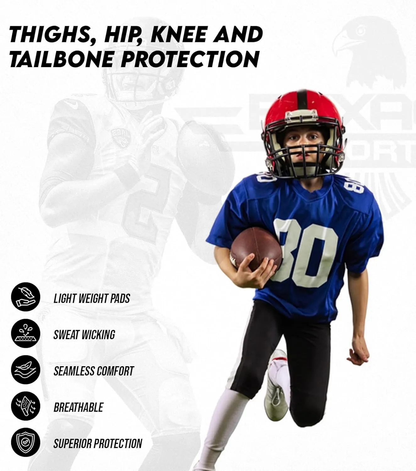 Exxact Sports Rebel Youth Football Pants with Built in Pads, Lightweight Integrated Football Practice Pants with Lace-up Fly
