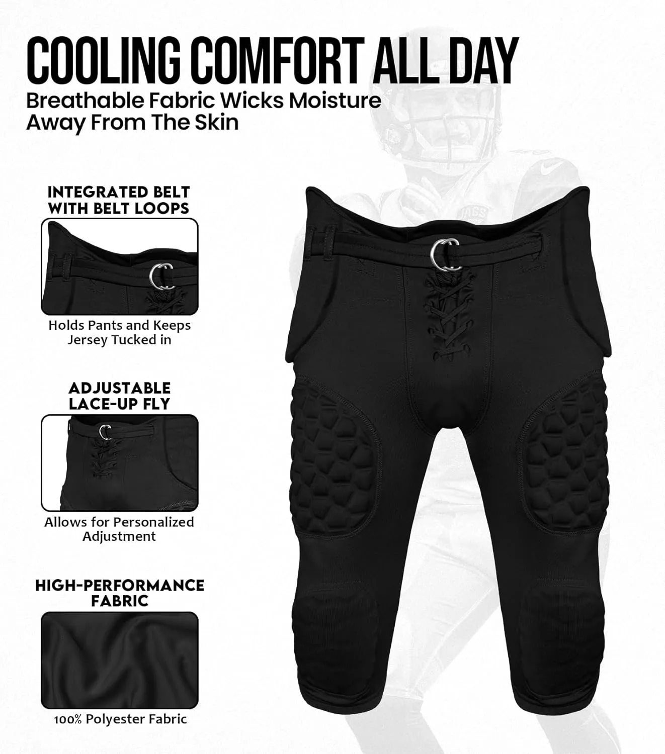 Exxact Sports Rebel Youth Football Pants with Built in Pads, Lightweight Integrated Football Practice Pants with Lace-up Fly