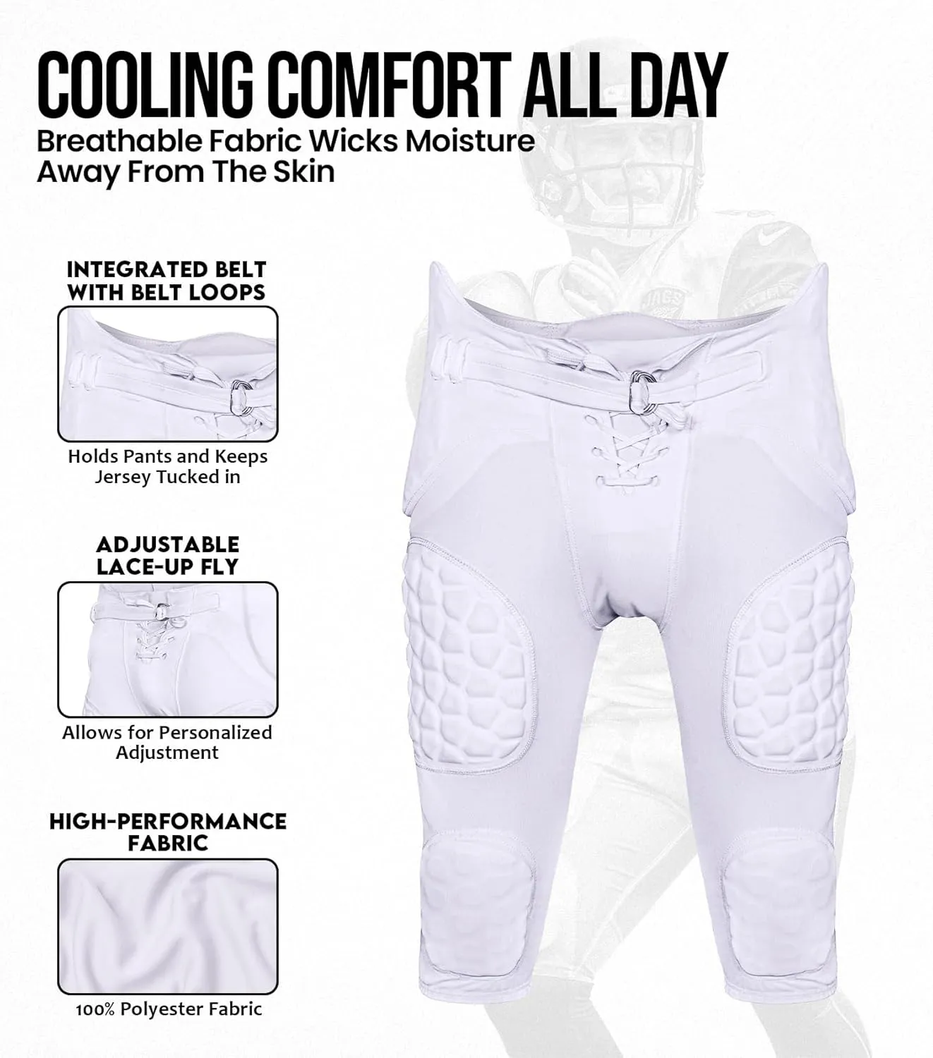 Exxact Sports Rebel Youth Football Pants with Built in Pads, Lightweight Integrated Football Practice Pants with Lace-up Fly