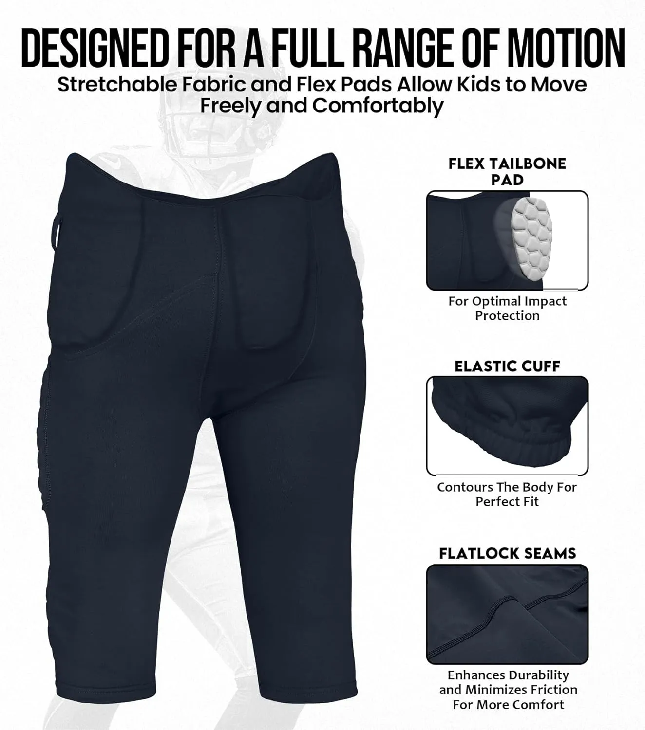Exxact Sports Rebel Youth Football Pants with Built in Pads, Lightweight Integrated Football Practice Pants with Lace-up Fly