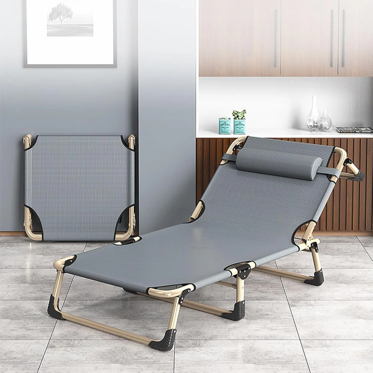 EYPKPL cots for Sleeping Lounge Camping Cot 4-Level Adjustment Folding Camping Bed with Pillow Reclining Chaise Support 330 Lbs Cots for Camping Stretching Freely